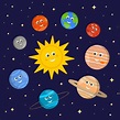 Solar system for kids. Cute sun and planets characters in cartoon style ...