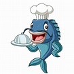 Dibujos animados chef pescado sosteniendo una bandeja | Vector Premium