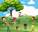 Niños felices jugando a la rayuela en el parque 454689 Vector en Vecteezy