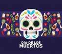 dia de los muertos celebration poster with skull head and set icons ...