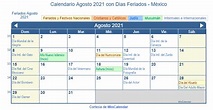 Calendario Agosto 2021 para imprimir - México