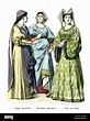 Vintage grabado de la mujer italiana en las modas de la Italia medieval ...