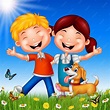 Niños felices de dibujos animados sobre fondo de verano | Vector Premium