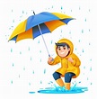 Cheerful boy with umbrella playing puddle in the rain cartoon ...