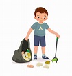 Happy little boy collecting plastic bottles and papers waste with ...