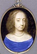A young lady Bridget Cromwell in blue dress with white underdress, pearl necklace, her light ...