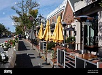 NEW CANAAN, CT, USA - OCTOBER 4, 2020: Elm Street view with restaurants ...