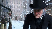 Jim Carrey as Ebeneezer Scrooge outside his counting house on Cornhill ...
