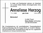 Traueranzeigen von Anneliese Herzog | trauer.nn.de