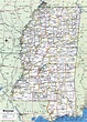 Map of Mississippi showing county with cities,road highways,counties,towns