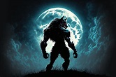 Ilustración de hombre lobo en la noche, con luna llena en el fondo. ia ...