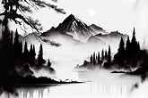 Dibujo minimalista en blanco y negro amanecer sobre un río de montaña ...