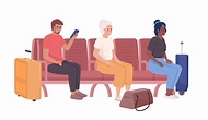 Passengers waiting for train and bus in waiting room semi flat color vector characters. Editable ...