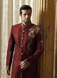 MT12 - maroon brocade silk Indian sherwani with asymmetrical embroidery ...