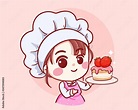 Cute Bakery chef girl Holding a cake smiling cartoon art illustration ...