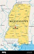 Mississippi, MS, mapa político, con la capital Jackson, ciudades ...