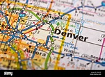 Primer plano de Denver, Colorado en un mapa político de los Estados ...
