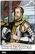 Conquistador Gonzalo Jimenez de Quesada portrait. Hand-colored woodcut ...