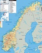 Grande mapa físico de Noruega con carreteras, ciudades y aeropuertos ...