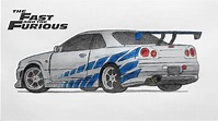 How to draw a NISSAN SKYLINE GT-R R34 from Fast and Furious 2 / drawing ...