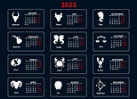 calendario 2023 con signos del zodiaco en un fondo azul. impresión de ...