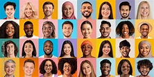 Collection of people of different races on studio backgrounds, collage ...