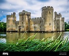 Medieval architecture 14th century Bodiam moated Castle with reeds in ...