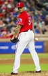 Texas Rangers relief pitcher Matt Bush (51) looks over his shoulder at ...