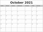 October 2021 Monthly Calendar Printable