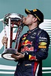2013 US Grand Prix Sebastian Vettel celebrates on the podium with his ...