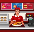 Girl fast food restaurant work served order to customer concept in ...
