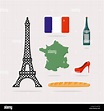 Iconos símbolos de Francia. Mapa de la Torre Eiffel y el país. Baguette ...