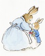 Peter Rabbit gives flower to his mother. watercolor and India ink ...