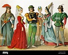 The figures are French people in the 1400s. They are: nobleman, noble ...