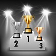 Podio ganador con 3 trofeos con focos iluminados, ilustración vectorial ...