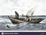 North Atlantic cod fishing in the 1880s. Hand-colored woodcut - A9YXC5 ...