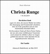 Traueranzeigen von Christa Runge | Trauer & Gedenken