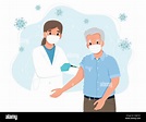 Vacunación para ancianos, ancianos y un médico con jeringa. Ilustración ...