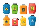 Conjunto de substâncias perigosas vários recipientes com líquidos ...