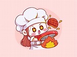 Cute y kawaii chef mujer cocinar carne manga chibi ilustración | Vector ...