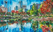 Charlotte NC Skyline Art Painting - park trees reflections- Kent Paulette