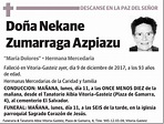 Esquela de Nekane Zumarraga Azpiazu : Fallecimiento | Esquela en El Correo
