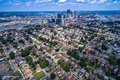 Pittsburgh aerial over the Mt. Washington neighborhood with the skyline ...