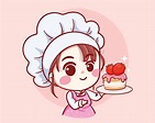 Cute Bakery chef girl Holding a cake smiling cartoon art illustration ...