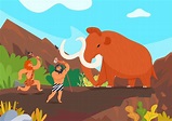 Dos hombres primitivos cazando mamut con armas de piedra ilustración de ...