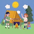 camping, tienda de campaña para niños y niñas y olla en estilo de ...
