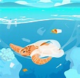 Turtle trapped in plastic garbage flat vector illustration. Sea ...