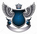Emblema metálico de estilo clásico con alas, escudo, cinta y corona ...
