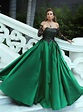 Off the Shoulder Green Satin Prom Ball Gowns with Black Lace Long ...