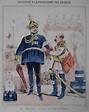 Wilhelm II. und Bismarck in einem Lager voller Waffen. Karikatur zum ...